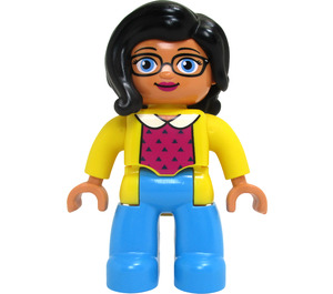 LEGO Adult con Largo Negro Pelo, Amarillo Chaqueta, Azure Piernas Figura Duplo