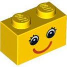 LEGO Ladrillo 1 x 2 con Smiling Rostro con Eyelashes con tubo inferior (3004 / 89080)